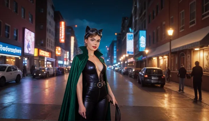 A 1940s-inspired Catwoman in a realistic style would be a strikingly alluring woman with a commanding yet seductive presence. She stands confidently against the backdrop of a city at night, with skyscrapers looming under the soft glow of streetlights and t...