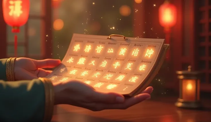 "A hand holding a calendar with Chinese characters for ‘30 Days of Magic’ written on it. Each day on the calendar has glowing symbols like stars, flowers, or Chinese good luck symbols appearing next to it, representing the gradual process of manifestation....