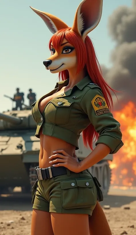 Create a highly detailed and realistic image of an anthropomorphic female kangaroo in a war setting. She is dressed in an olive-green military uniform, including a short jacket with front pockets and arm badges, and a tightly fitted belt that accentuates h...