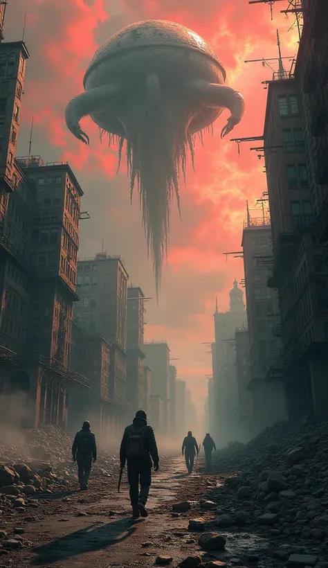 a ruined futuristic city ,  with destroyed buildings and abandoned machines .  Ports floating in the sky unleash grotesque creatures with alien and monstrous forms. Survivors wander amidst debris ,  while the sky is dyed red and black .