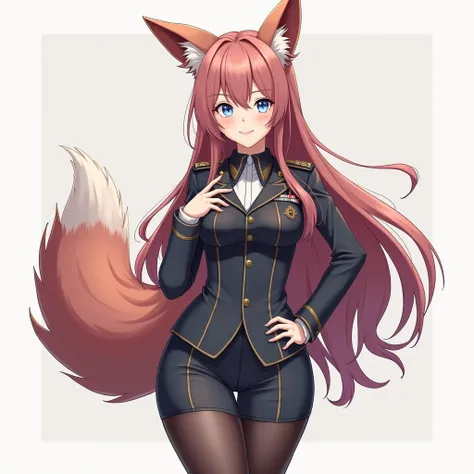  1 girl, g
Long hair , Exactly,  big breasts, Fuchsohren,  big ass, armed , blue eyes , anime,  simple background,  military uniform , Fox girl, Foxtail,  brown hair , ernst, 