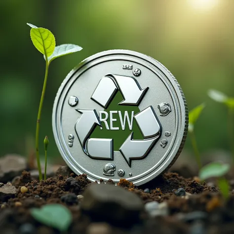 Create a social currency apparent money,,  sheets containing the name REW COIN in the center, which is inside a recycling symbol 
Having harmony in the details, leaving a sophisticated air 
In silver color with small leaf details 
Place the name REW COIN I...