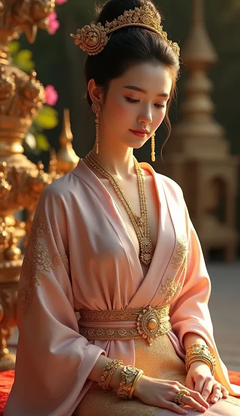 EmpressofAyodhaya,detail dress ,A serene Thai woman dressed in pastel pink silk wrap top and a golden brocade skirt, adorned with delicate floral patterns. Her hair is styled in an elaborate high bun decorated with gold accessories, complemented by intrica...