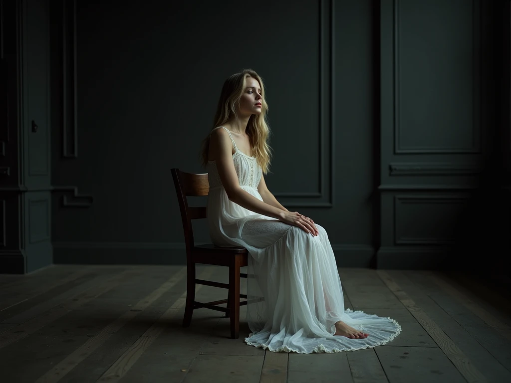 RAW photo of a European girl , 30 YEARS ,  small, desnuda,  que lleva ( in a transparent white dress ) , without makeup,  ( long blond hair ), bare feet,  Sitting on a (wooden chair, Antigua ) in the middle of a  ( large dark room with no windows),  ultra ...