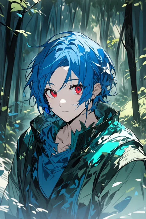  1 young man、 blue hair 、 red eyes、The background is a refreshing forest、