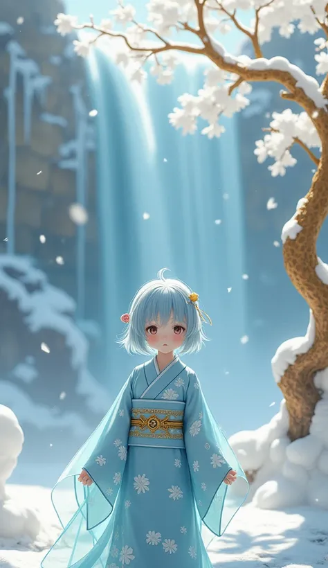  imaginary　snow　waterfall　Gold Tree 　White leaves　Light blue haori　White embroidery　Wearing gold ornaments　Realistic cute girl　Short Hair　 light blue hair　