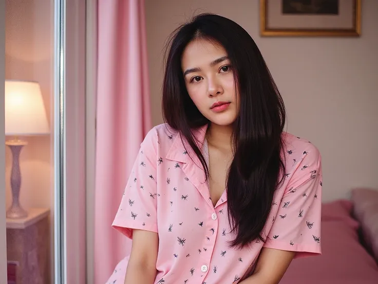 A young thai woman poses outside, and confidence. She is sexy in pink panties sexy full body,intricate cartoon patterns but no bra. . Her long black hair flows over introspective expression, creating a relaxed yet graceful pose. The background is softly li...