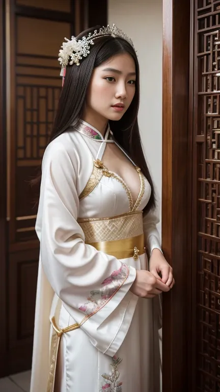  a close up of a woman standing ,  palace  ， a girl in Hanfu,  a young woman like Gengis Khan,  pretty oriental woman , Chinese woman, Chinese girl , Chinese princess, an  Asian woman, a young  Asian woman, ancient Chinese princess,  Asian woman,  Wearing ...