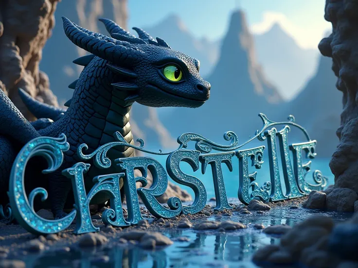 Create a poster extremely detailed with letter-by-letter writing le prénom "CHRISTELLE " en FRANÇAIS et en majuscule. dans un style Disney 4D. LÉCRITURE DOIT ÊTRE BIEN VISIBLE. 
Thème Dragon: KROKMOU