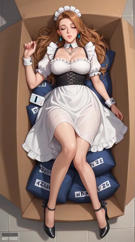 Imagine a beautiful adult russian woman with soft long brown hair, white skin, Beautiful and realistic face, in sexy maid costume, in heels, asleep, with earrings and necklace, that is covered in plastic, she is standing inside a compact logo cardboard box...