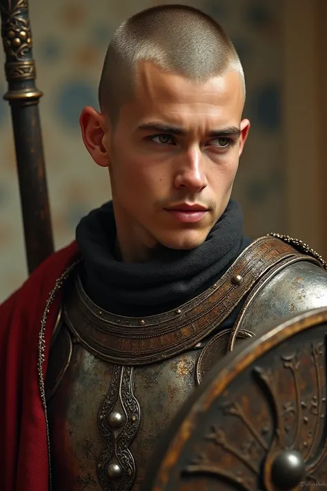  Medieval fantasy Young clergyman, shaved hair, Golden eyes and shiny, with armor, mace and shield , healer , cara gentil, Penitent gesture, happy

