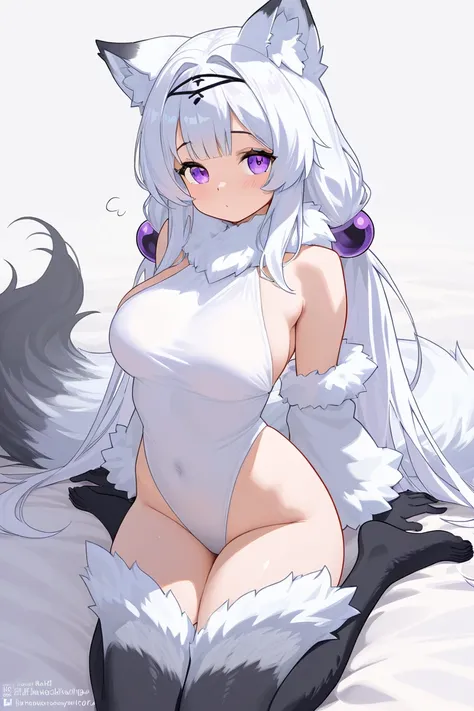 Waifu with a wolfs ear and a long wolfs tail, with long gray and white hair, with purple eyes, monster girl, High resolution ,  masterpiece, UHD, HD model, poco pelaje 