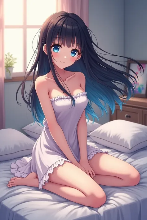 Anime style art of a girl on a bed with black hair and blue eyes sitting with her legs open with a dress on