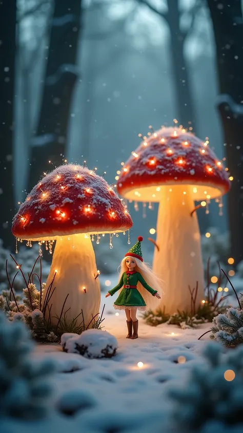 Create a magical winter forest scene with large, glowing mushrooms, decorated with twinkling Christmas lights. The mushrooms should have red caps with white spots, lightly dusted with snow, and surrounded by a snowy forest floor. Soft snowfall is falling i...