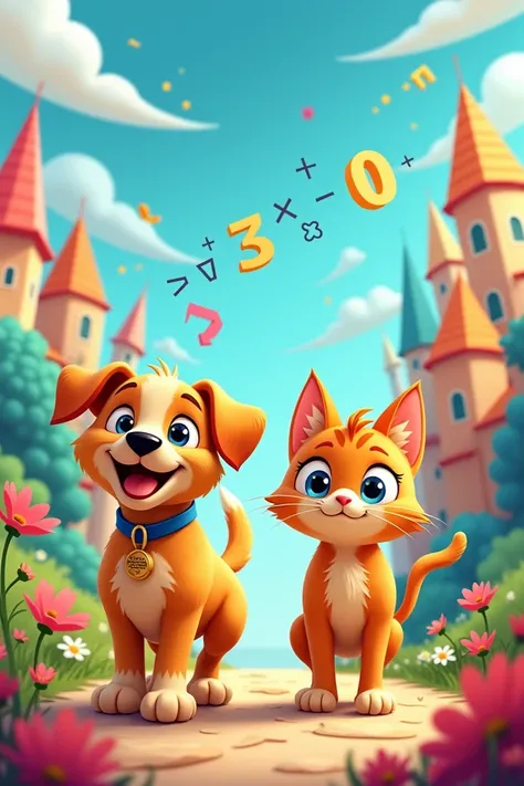 Create an image on Ronnie the dog and ana the cat and there math adventure together to mathville cartoon 