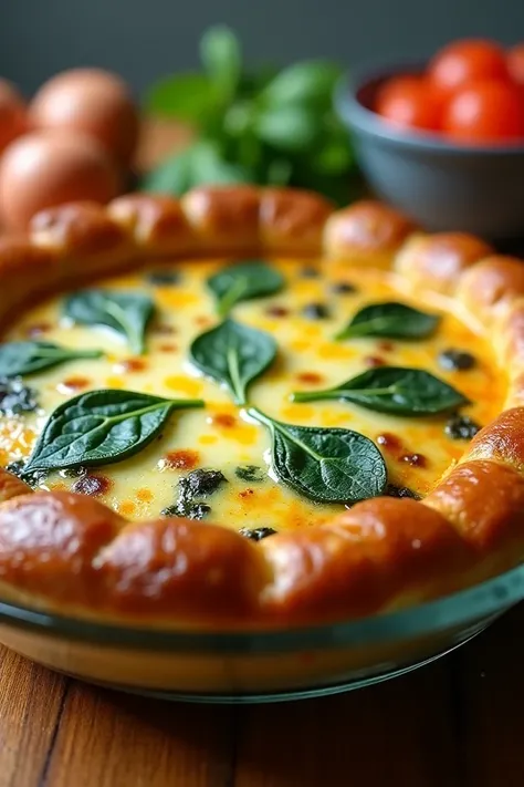 Spinach and cheese quiche ,imagem em cima da mesa em uma travessa de vidro foco no Spinach and cheese quiche  