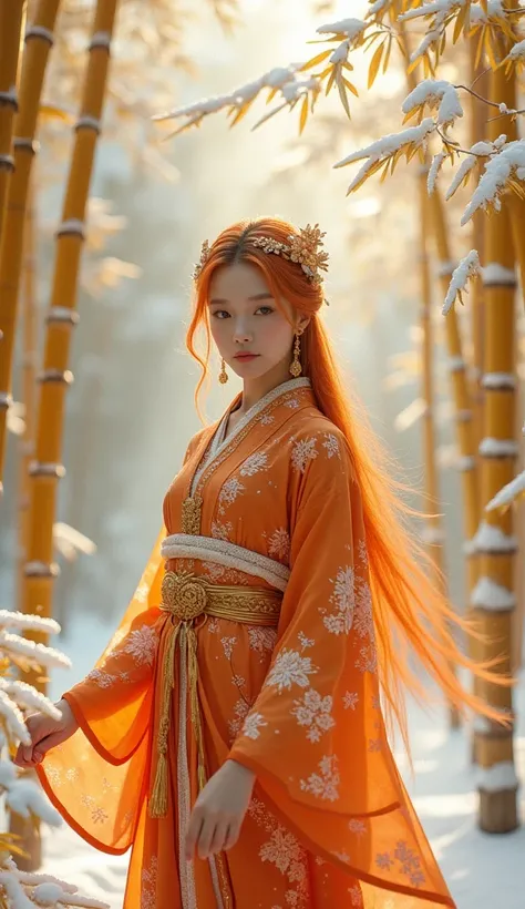  imaginary　snow　golden bamboo 　 white bamboo leaves　Orange Haori　White embroidery　Wearing gold ornaments　 pretty girl 　 long hair　 orange hair　