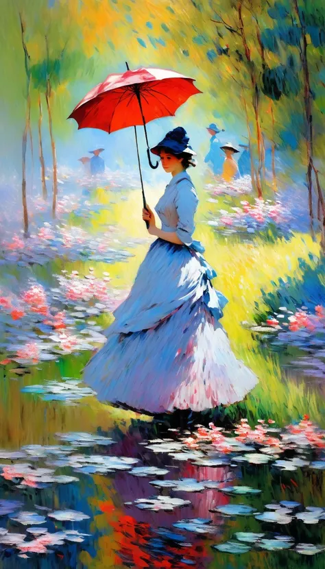 Corps complet (belle fille vêtue dune robe bleue marchant dans un parc et tenant un parapluie rouge, inspirée de Claude Monet, beaux yeux détaillés, belles lèvres détaillées, longs cheveux noirs, yeux et visage très détaillés, techniques impressionnistes, ...