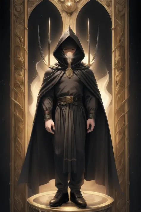 an Olympus garment that is deep matte black with silver threads,  made of soft silk that reflects a mysterious air .  You wear a cloak with a hood , a dark leather belt ,  and a brooch in the shape of a trident .  Your shoes are made of polished leather , ...