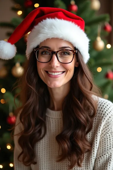  47-year-old woman with long wavy hair , brown color with lenses ,  with Christmas tree background and Santa hat 