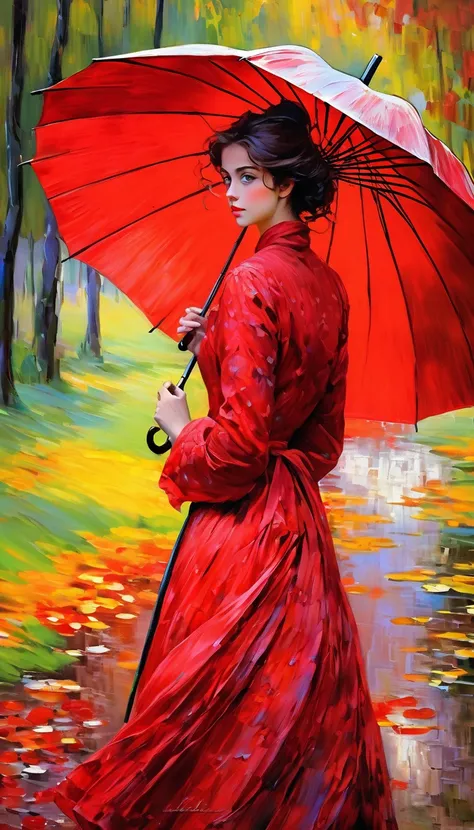 Corps complet (belle fille vêtue dune robe rouge marchant dans un parc et tenant un parapluie rouge, inspirée de Claude Monet, beaux yeux détaillés, belles lèvres détaillées, longs cheveux noirs, yeux et visage très détaillés, techniques impressionnistes, ...