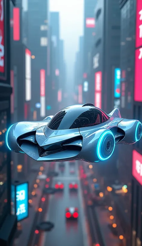 Sleek Hovering Vehicle: A streamlined, silver, hovering car with glowing neon blue lights along its edges, seamlessly gliding above a bustling, multilevel city road filled with holographic billboards and flying drones.