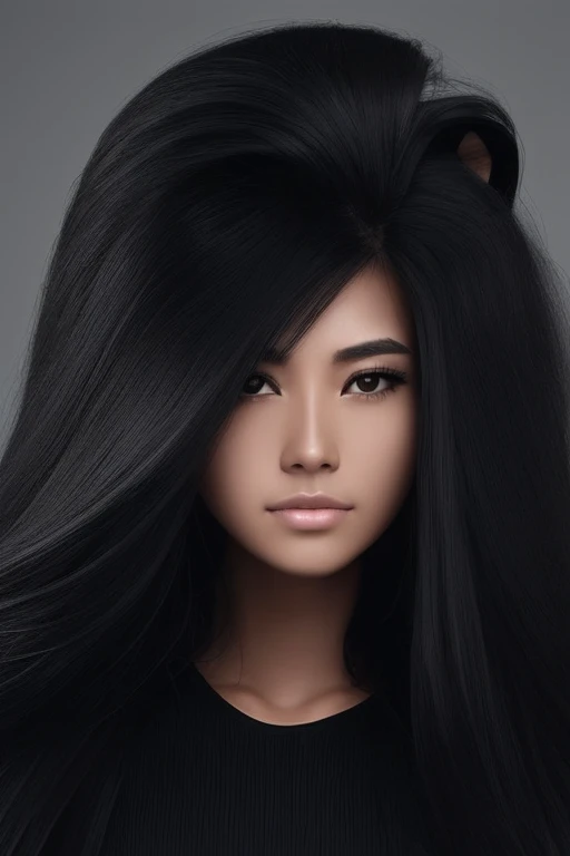 most very jet black hair,most very long hair,most very lion hair,most very wolf hair,most very frizzy hair,coarse hair,most very spread hairstyle,thick hair,fluffy hair,most very heavy weight hair,womans hair is covering all left eye,heavy looking hairstyl...