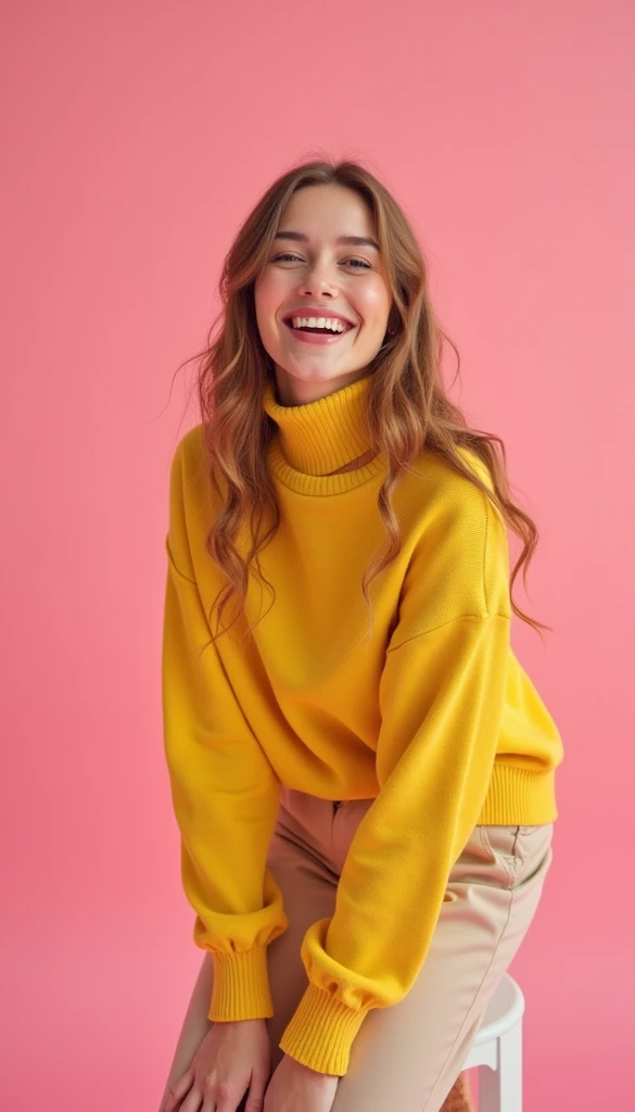 A hyperealistic photograph smiling young woman  in high heels and yellow sweater against pink background, in the style of patricia piccinini, minimalist backgrounds, flickr, loretta lux, noise photography, emotive faces, daniela uhlig, uhd photo, clean sha...