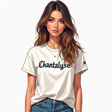  un gros plan dun dessin animé dune femme aux cheveux longs, portant une chemise de stile avec le nom Chantalyse dessus, portant un t-shirt, elle porte du streetwear, dressed in a t-shirt blanc, T-shirt blanc, t-shirt blanc , dans le style dune illustratio...