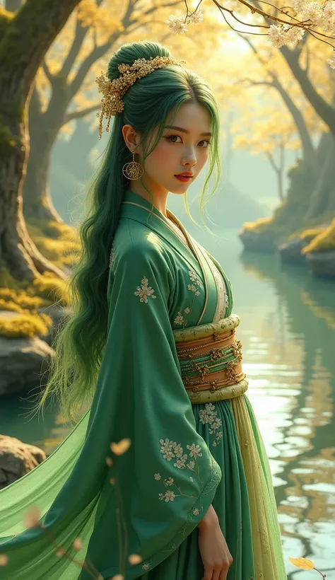  imaginary　river　Gold Tree 　White leaves　Green Haori　White embroidery　Wearing gold ornaments　 pretty girl 　Longer Hair　 green hair　