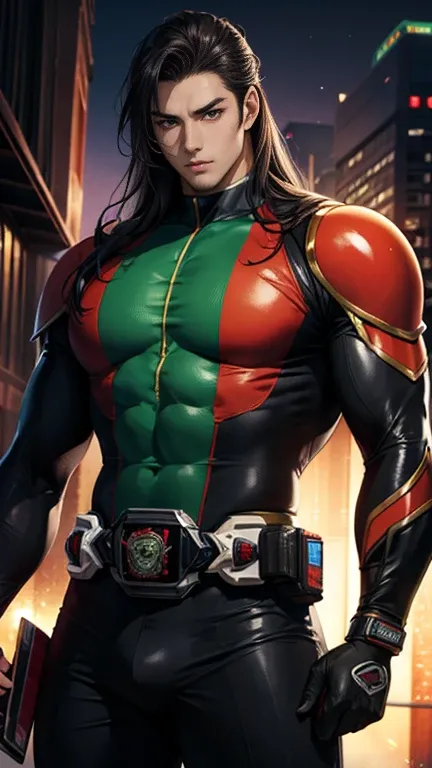 Backstreets,    Japanese ,    handsome young man    , Glowing Kamen Rider Suit        , 18 years old,     Toned and Muscular     ,  penetrates ,   long hair,     red   、Sensual appearance,    Crotch Bulge  