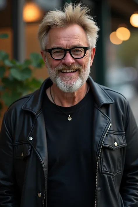 55 year old male with fuzzy short sandy blonde hair with a medium length beard and mustache wearing Thick Black Glasses and black T-shirt and jeans with black leather jacket 