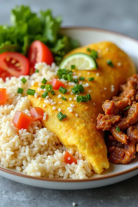 a plate of food consisting of rice, omelet, shredded chicken and vegetables, real pics high quality