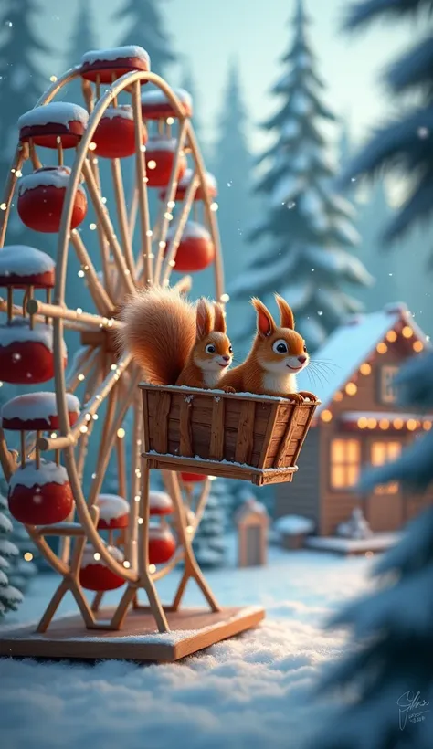 a ferris wheel, carrying cute squirrels, with lights in the snow with a Christmas scene behind and a snow-covered forest, Chris LaBrooy, photorealism, art season trends, a microscopic photo