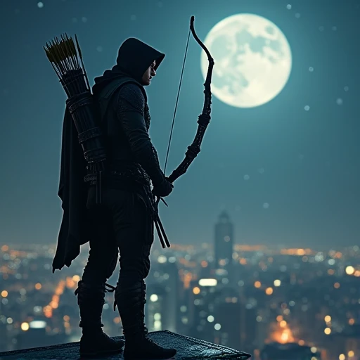 Close-up with costume design details see Arrow Man in profile,  standing with his bow and arrow at a building looking down in high resolution full moon night