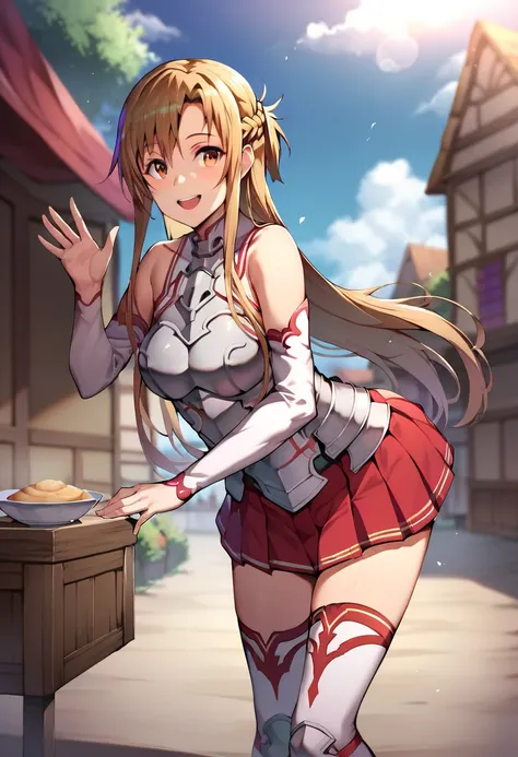 masterpiece, best quality, highres, 1girl,solo, long hair, brown hair, braid, brown eyes, bare shoulders, armor, breastplate, white sleeves, detached sleeves, red skirt, pleated skirt, white thighhighs, waving, smile, leaning forward, open mouth, town, fan...