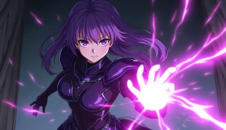  anime girl with purple hair and purple eyes in a dark room, anime style like destination/ spending the night , wearing dark purple armor , destination /  spending the night , destination grand order, Misato Katsuragi, destination  spending the night , I w...