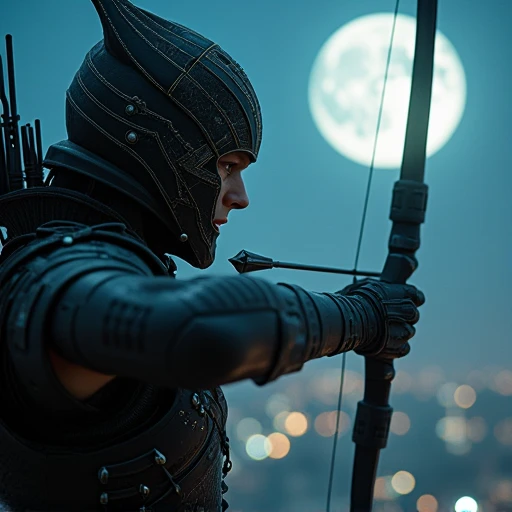 Close-up with costume design details see Arrow Man in profile, pointing his bow and arrow at a building looking down in high resolution full moon night