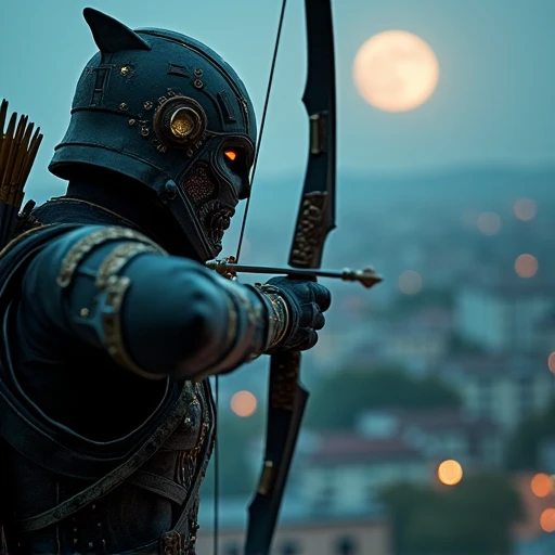 Close-up with costume design details see Arrow Man in profile, pointing his bow and arrow at a building looking down in high resolution full moon night