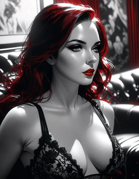 a sexy girl in a classic elegant sofa, wearing very sexy lingerie, red long hair, elegant room, minimalist background, black and white sketch style, art inspired by Bill Sienkiewicz and Dave McKean, (best quality,4k,8k,highres,masterpiece:1.2),ultra-detail...