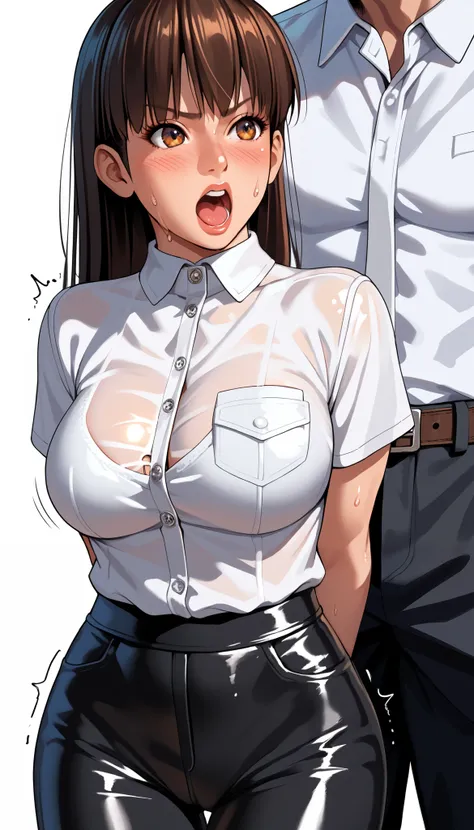 LeiFangDOA, gasp, 1 girl and 1 male, a male holding girl’s hips, glossy black pants, glossy white business shirt, arms behind back, {{arching the body backward}}, office lady, be breathless, sweat, sparkling sweat, trembling, long brown straight hair, brea...