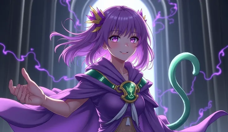  Young anime woman with purple hair and purple eyes in a dark room, anime style like destino/ spending the night ,  wearing divine purple and green clothes ,  destination grand order , Misato Katsuragi, destino  spending the night , I was the point,  young...