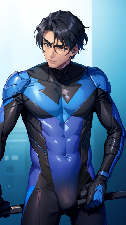  Nightwing Suit, Cute young man, Sexy Body, Tall, Shiny black hair, upright,    , 18 years old,      Toned and Muscular   ,  tall  ,  Sensual appearance,     Crotch Bulge   