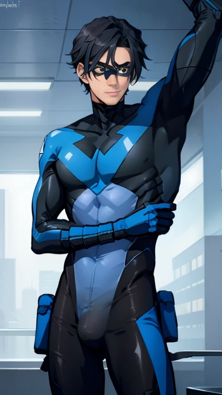  Nightwing Suit, Cute young man, Sexy Body, Tall, Shiny black hair, upright,    , 18 years old,      Toned and Muscular   ,  tall  ,  Sensual appearance,     Crotch Bulge   