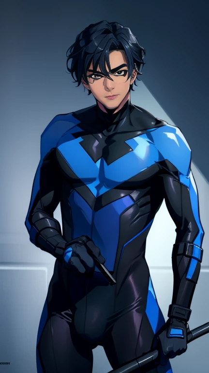  Nightwing Suit, Cute young man, Sexy Body, Tall, Shiny black hair, upright,    , 18 years old,      Toned and Muscular   ,  tall  ,  Sensual appearance,     Crotch Bulge   