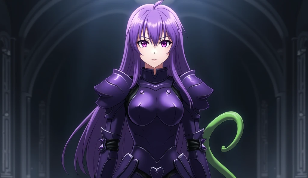  anime girl with purple hair and purple eyes in a dark room, anime style like destination/ spending the night , wearing dark purple armor , destination /  spending the night , destination grand order, Misato Katsuragi, destination  spending the night , I w...