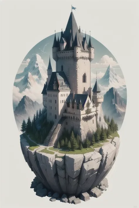 absurdres,  better quality, fantasy,  isometric, collage style  (a round realistic very high mountain on which a medieval tower of magic is a castle with white walls and towers on a high white stone mountain), (simple background:1.2). full view of a tall, ...