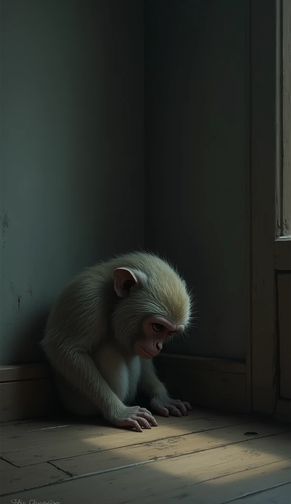 monkey with head down, sitting in the corner of the room