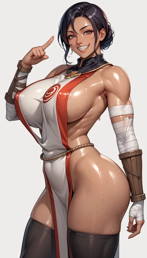 Source_anime, sexy pose, pointing to viewer, score_9, score_8_up, score_7_up, nose bridge,  MarleBarrock, dark-skinned female, large breasts, muscular, looking at viewer, smile, sharp teeth, grin, bandages, bandaged arm, detached sleeves, black thighhighs,...