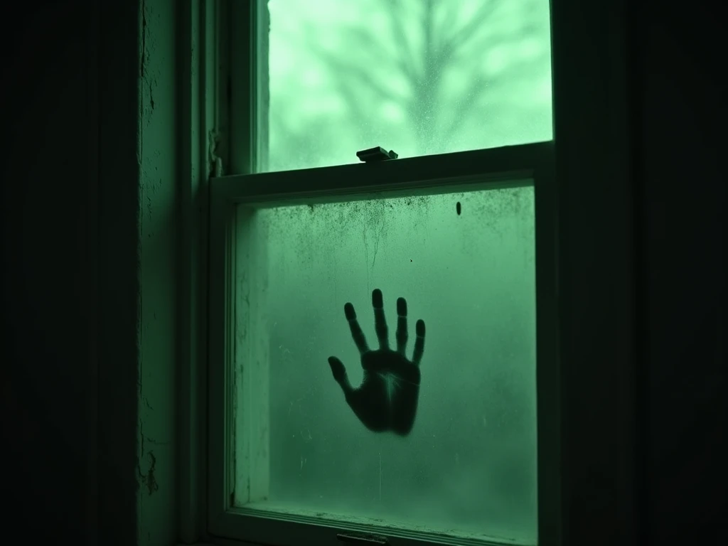 In an intensely suspenseful moment, a close-up reveals a ghostly handprint appearing on a dusty attic window. The handprint contrasts starkly against the grime, illuminated by the pale green glow, underscoring the supernatural presence. A visually captivat...